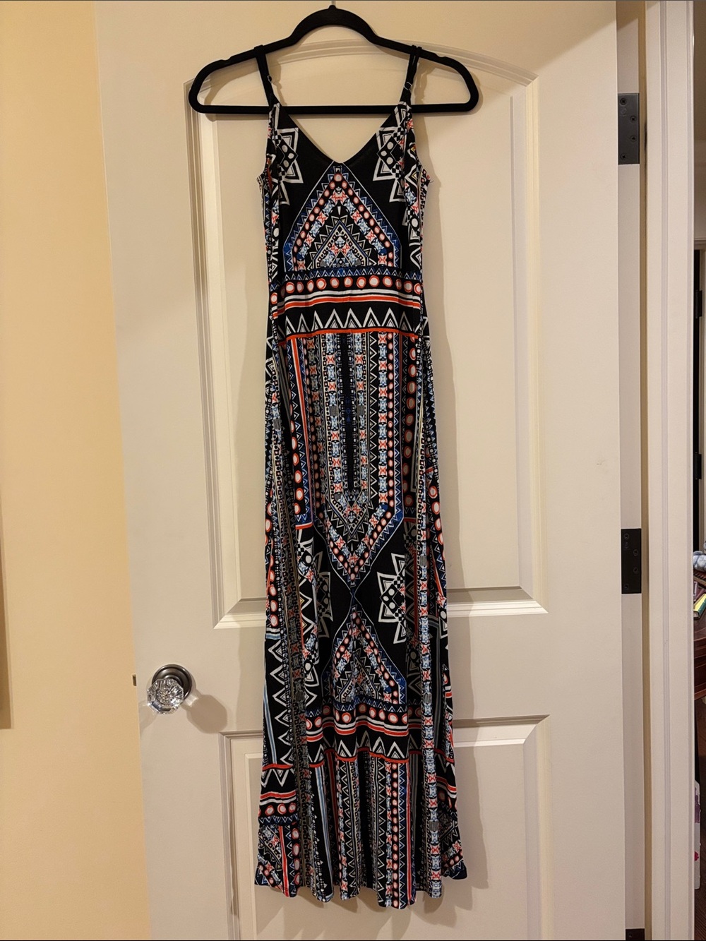Aztec Print Black Maxi Dress with red & Blue Accents